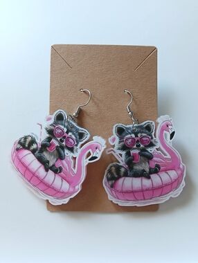 Fashion Jewelry Pink Raccoon on Flamingo Float Earrings